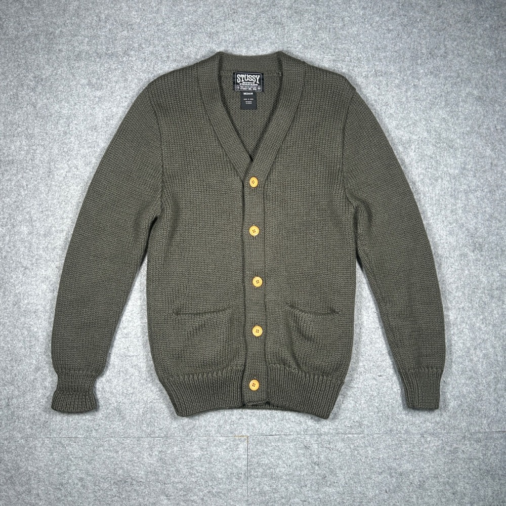 Stussy cardigan Adult Medium Olive Green Streetwear Skater Burly Threads‎